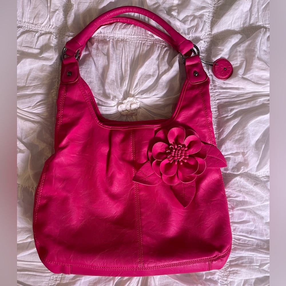 Hot pink NWOT shoulder bag many pockets floral detail